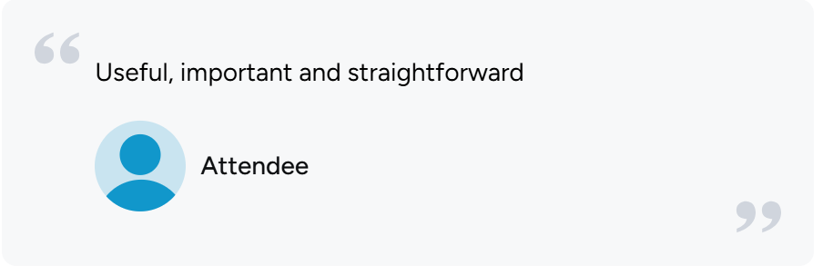 A quote with the text 'Useful, important and straightforward' and an icon of a person labeled 'Attendee'.