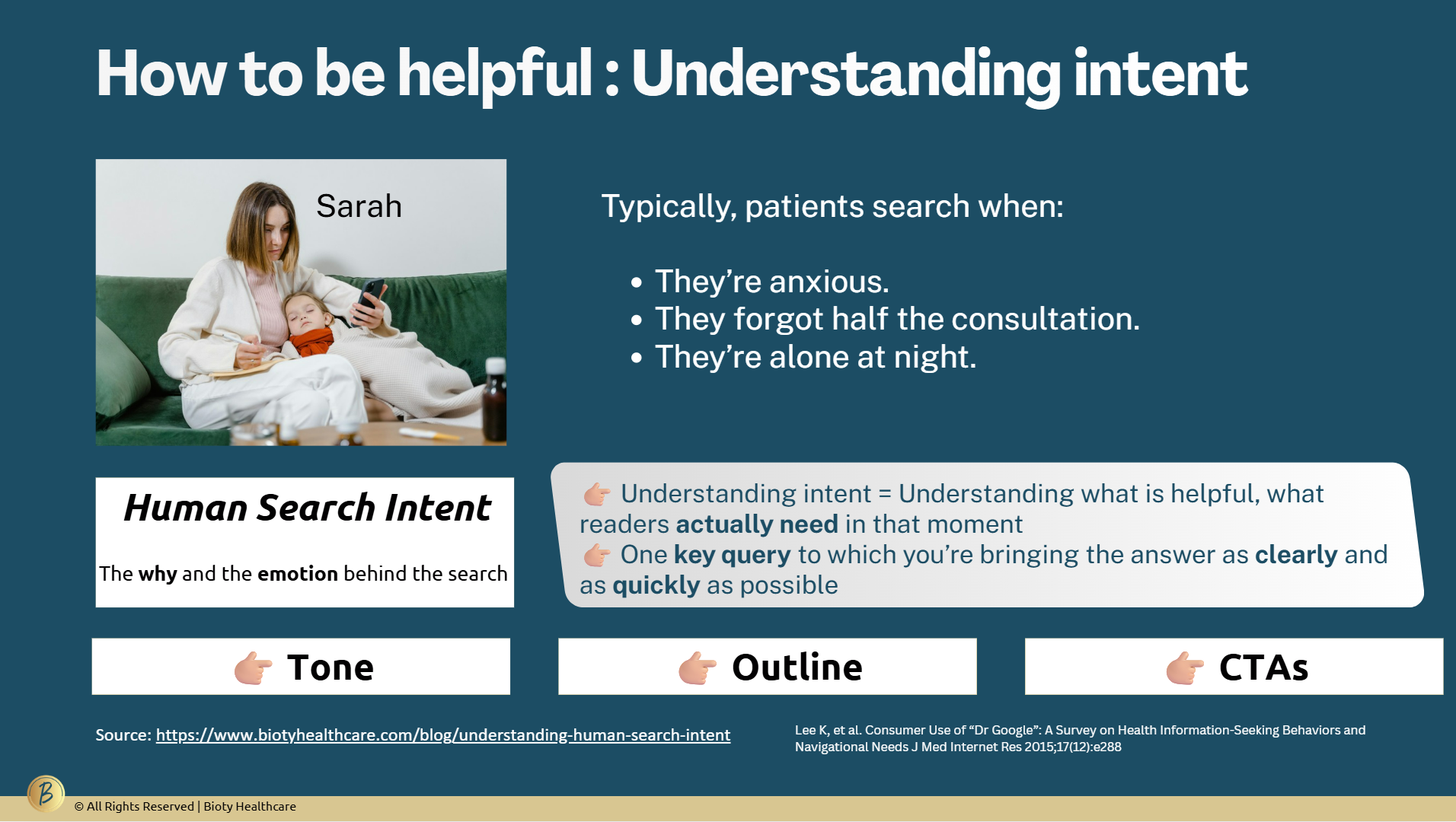 Example of human search intent in medical writing showing a parent searching for health information with emotional context like anxiety, confusion, and need for reassurance