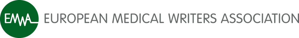Logo of the European Medical Writers Association with a green circle containing a white ECG line, next to the organization's name in black text.