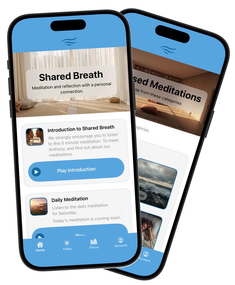 Two smartphones displaying meditation app screens on shared breath and guided meditations, with calm backgrounds and app navigation menu.