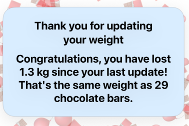 Text message with a blue background thanking for updating weight, announcing a 1.3 kg loss since last update, equating to 29 chocolate bars.