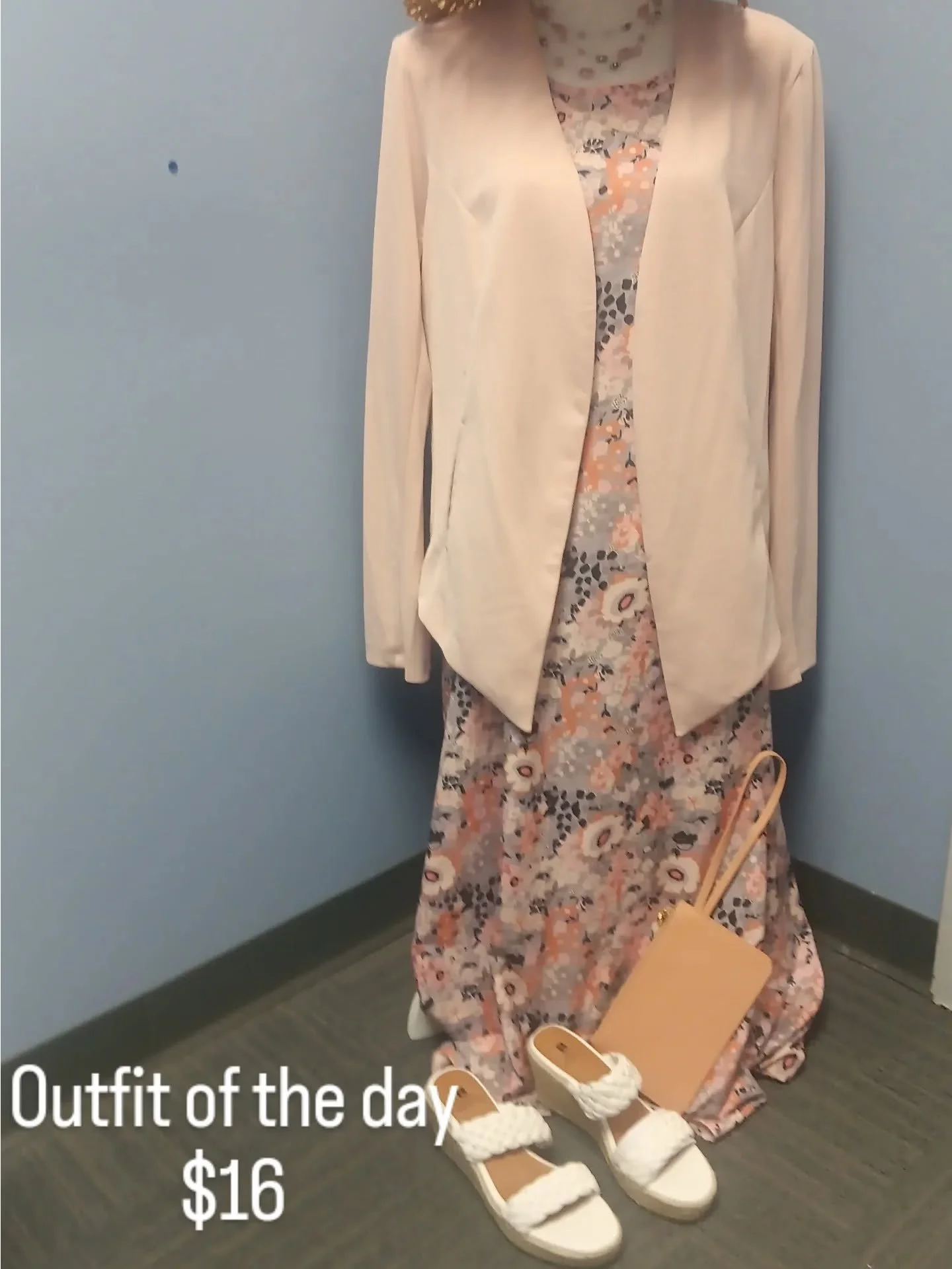 #ywcaisonamission 
#ywcacareeramdfashionboutique 
#outﬁtoftheday 
#supportnonprofits 
Summer dress size XXL $3
Blazier size XL NWT $3
White Mountain sandals size 7M New $5
3 strand beaded necklace $3
Wristlet $2
Total for the whole look $16 ❤️
*All p