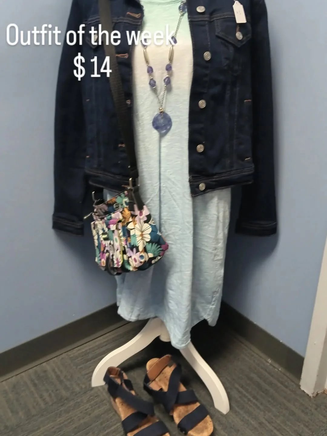 #ywcaisonamission
#ywcacareerandfashionboutique 
#outfitoftheweek 
#nonprofitsofinstagram
Talbot's multicolored T-shirt dress size L $2
Lands End jean jacket size Med $5
Lucky brand wedges size 8 $2
Lily Bloom purse $3
Necklace $2