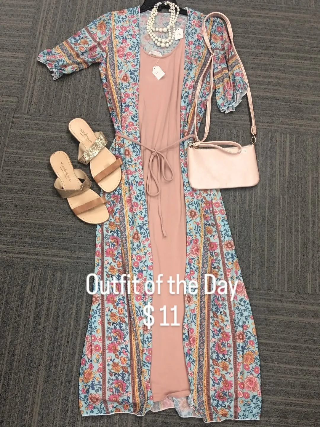 #ywcaisonamission 
#ywcacareerandfashionboutique 
#outfitoftheday 
Dress by H &amp; M size L $2
Duster cardigan size L $2
Sandals by Nicolo Vacari size 8 $2
Purse/ wristlet $2
3 strand pearls $3 
Total for the whole look just $11 🔥