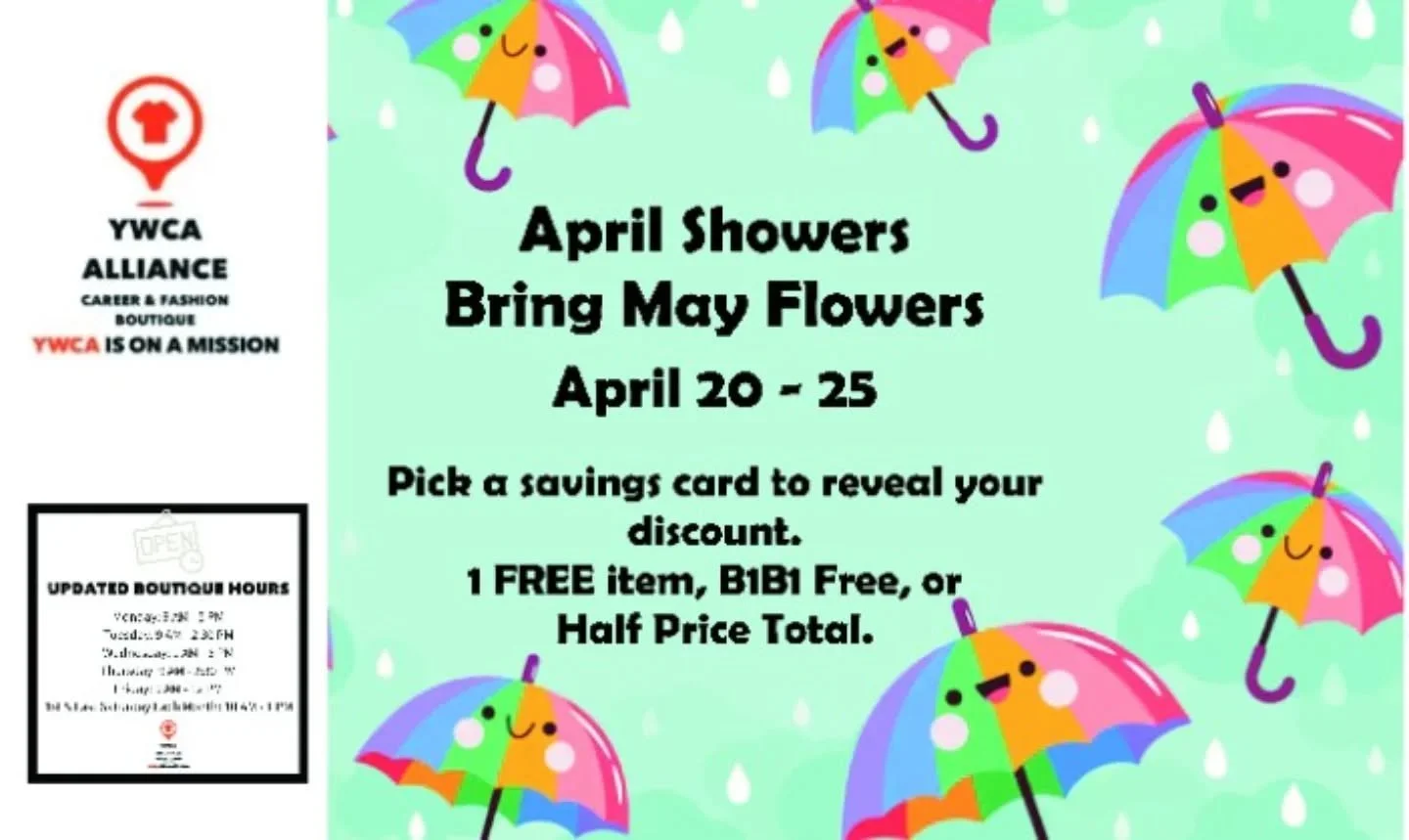 #ywcaisonamission 
#ywcacareerandfashionboutique 
#aprilshowersbringmayflowers 
#sal&eacute;