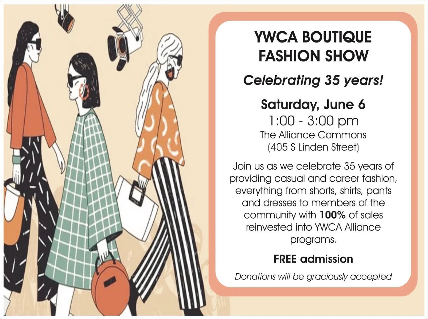 This Sat June 6. Come join us for a free community event. Our 35th Anniversary of the YWCA Career and Fashion Boutique"s Fashion Show. Come check out our models sporting some styles from the Boutique. We will also be open 9-12 and reopen after f