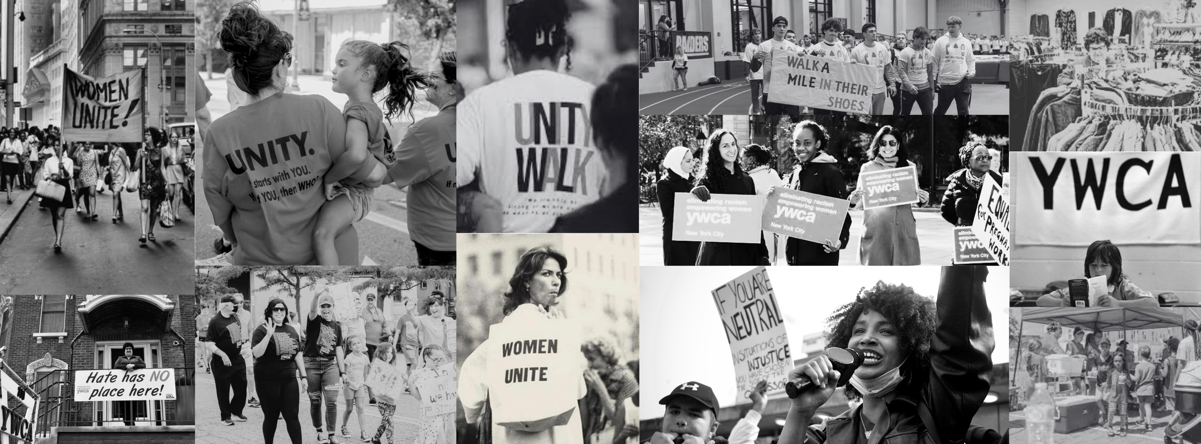 Collage of black and white photos of diverse women, children, and communities participating in protests and marches advocating for women's rights, equality, and social justice, with signs and banners such as "Women Unite!", "Unity starts with you", "Walk a mile in their shoes", and others.