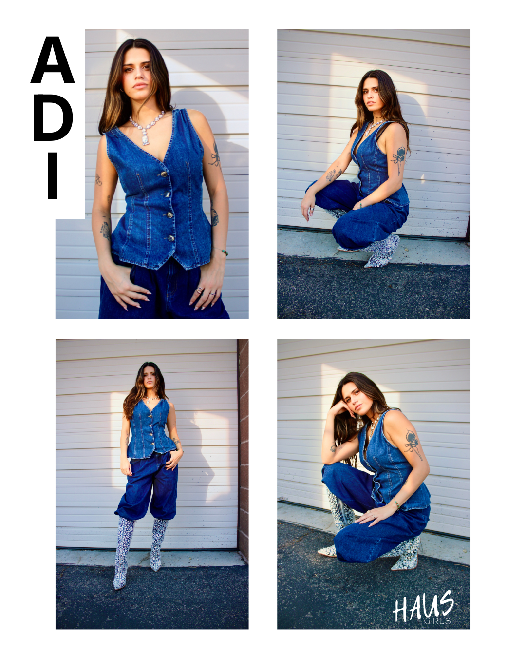 A collage of four photos of a young woman wearing denim clothing and patterned high-heeled boots, posing against a white garage door background. The collage includes large black letter 'A' and the words 'Haus Girls' at the bottom right.