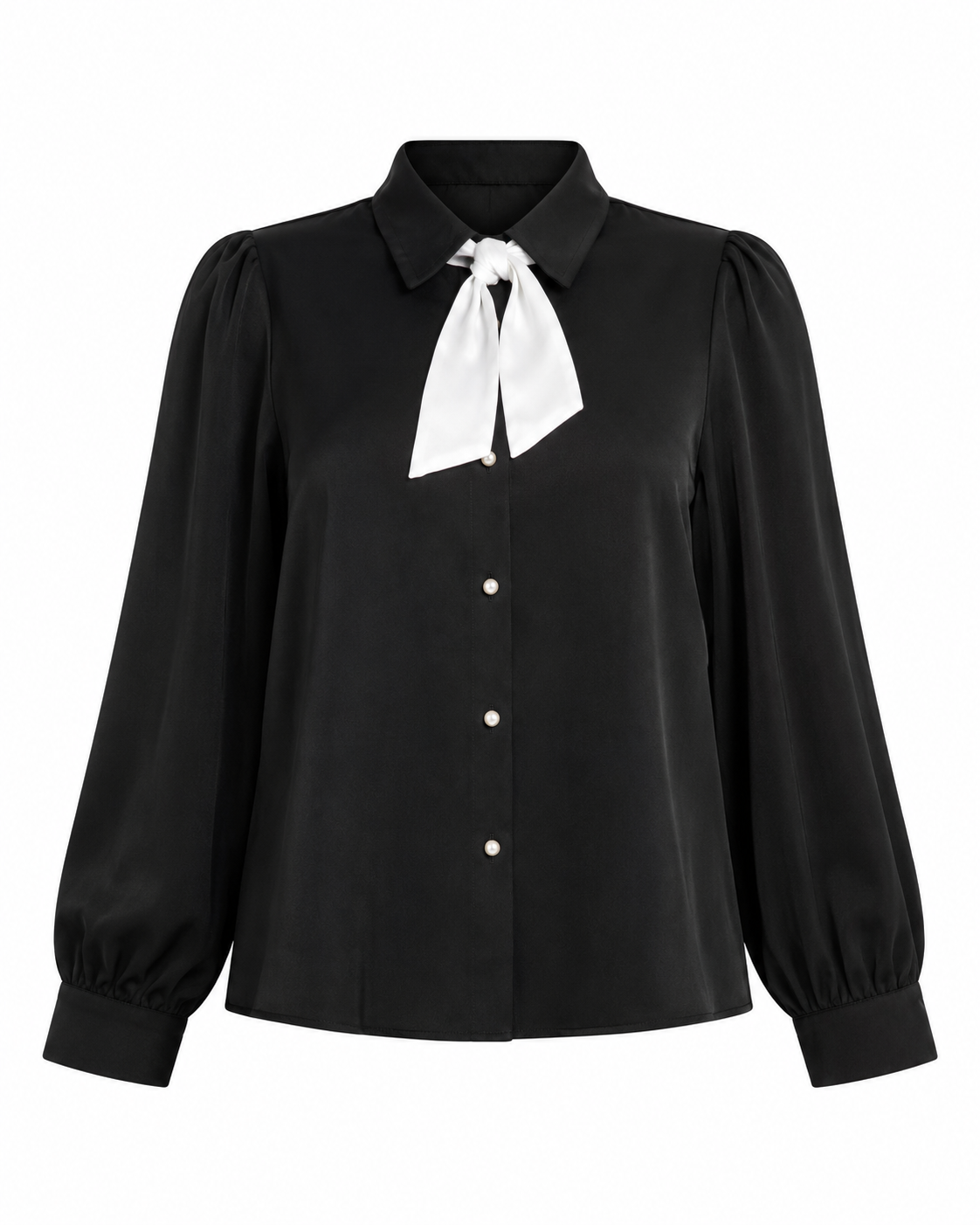THE LENORA | Plus Size Black Tie-Neck Button-Down Blouse