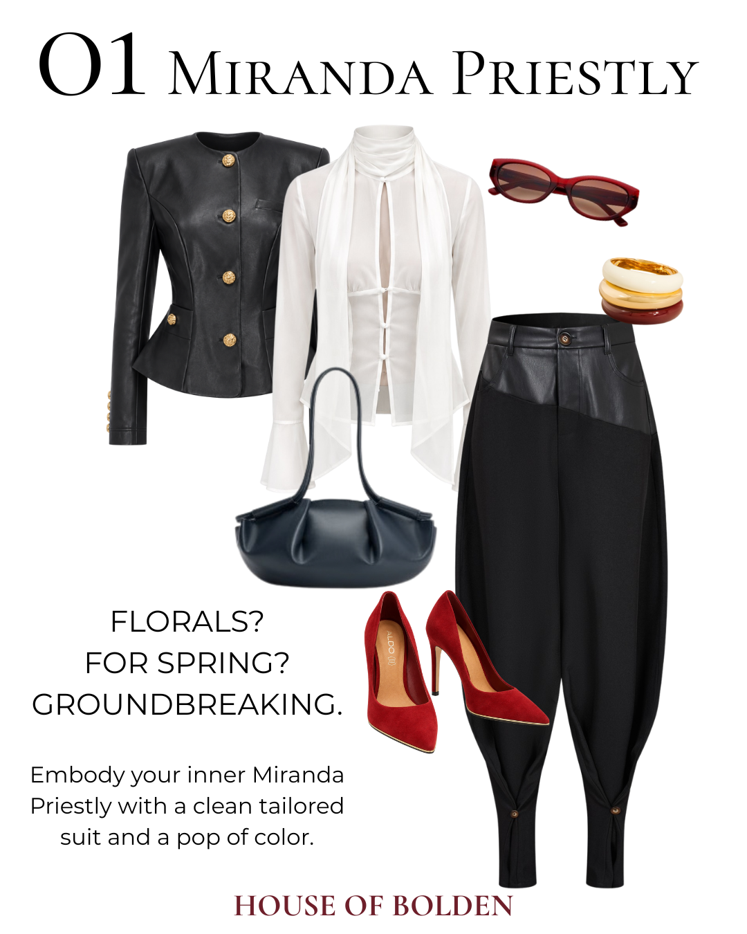 Miranda Priestly inspired Halloween outfit with black blazer, tailored trousers and red heels