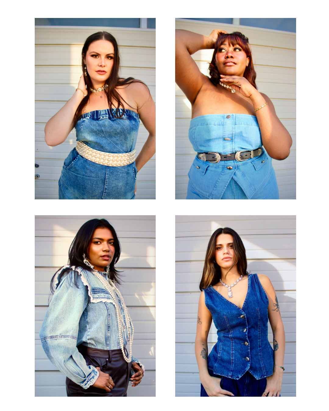 Four women posing outdoors against a white metal wall, dressed in denim outfits, with different hairstyles and jewelry.
