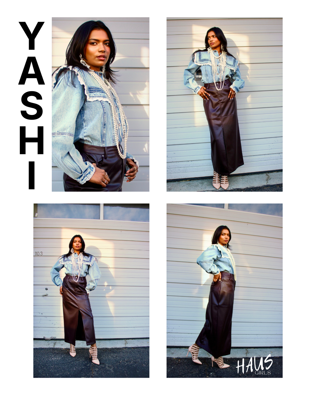 A collage of four photos of a woman in a fashionable outfit, including a denim jacket with decorative stitching, a long black leather skirt, striped high heels, and layered pearl necklaces. The background features a white garage door. The word 'YASHI