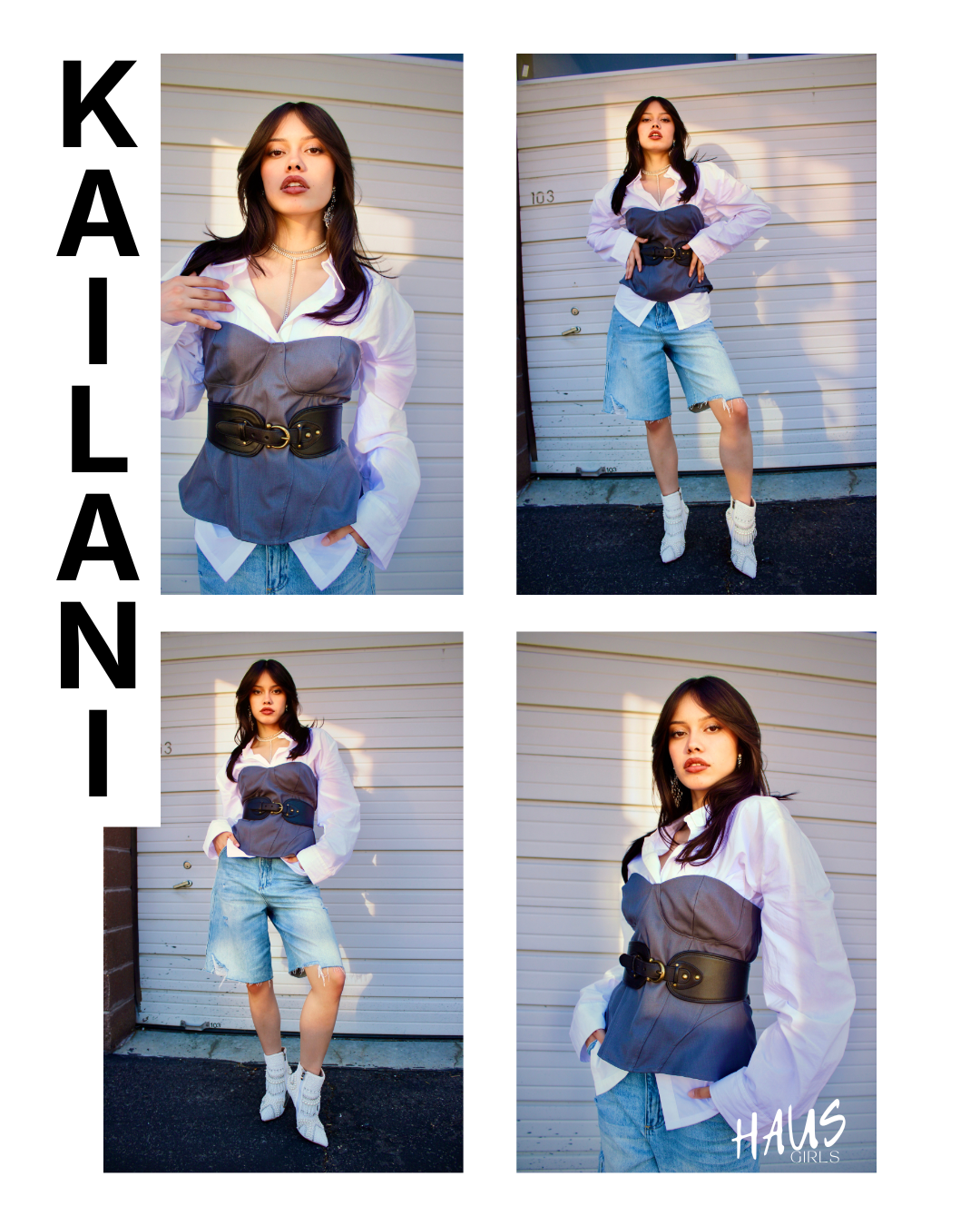A collage of four photos of a young woman with dark hair, wearing a white shirt layered with a gray bustier-style top, denim shorts or jeans, and white high-heeled boots, standing against a white garage door with shadow patterns. The word 'KAILANI' a