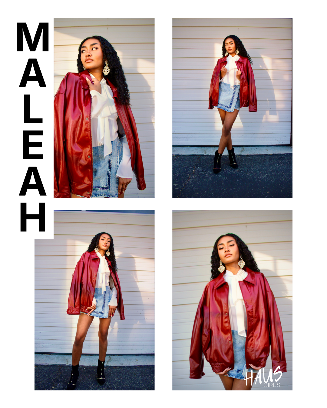 A collage of four fashion photos of a young woman with curly black hair, wearing a red leather jacket, white blouse, denim skirt, and black heeled boots, set against a white garage door background. The word 'MALEAH' is written vertically on the left 