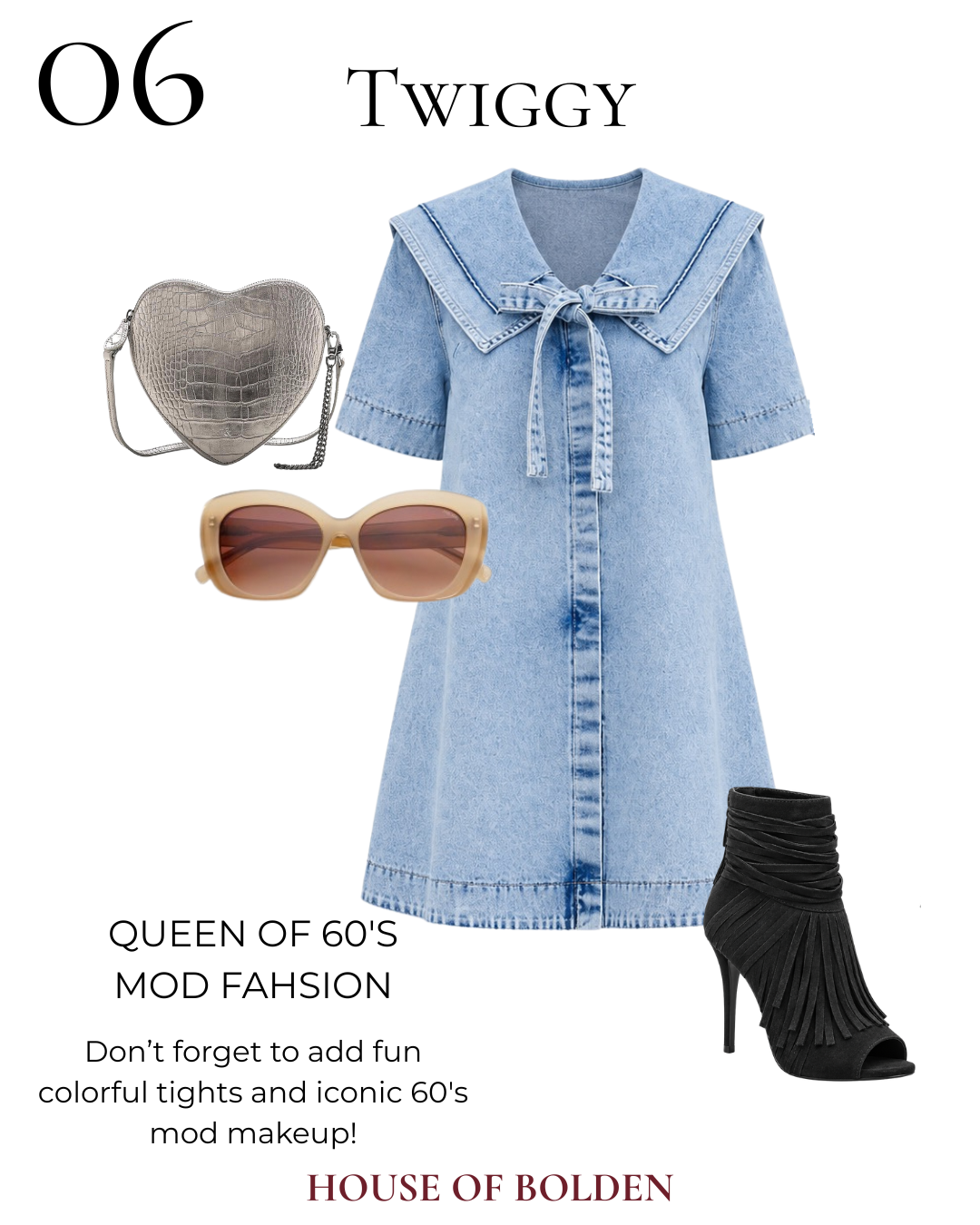 Twiggy inspired 1960s mod costume with denim mini dress and retro accessories