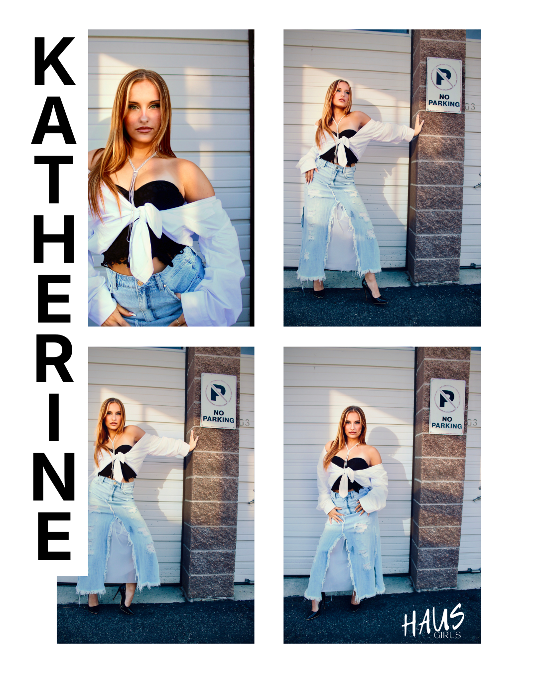A collage of four photos featuring a young woman posing outdoors against a garage door and a brick wall with a no parking sign. The woman wears a black bustier top, a white tied shirt, and distressed jeans, with black high heels. The collage has the 