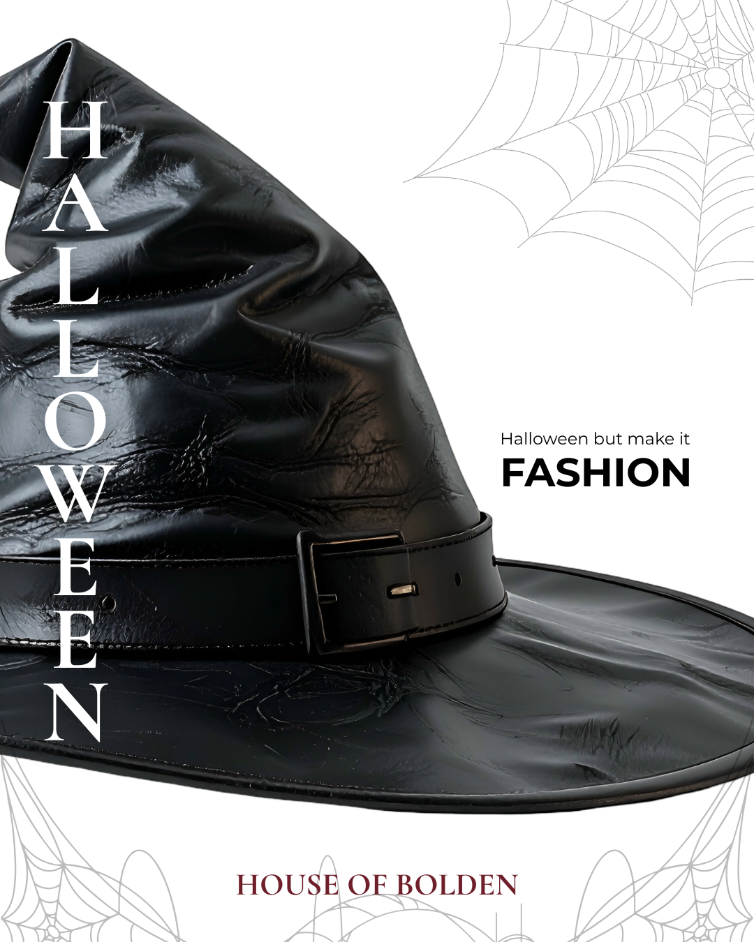 Halloween fashion style guide featuring a black witch hat by House of Bolden