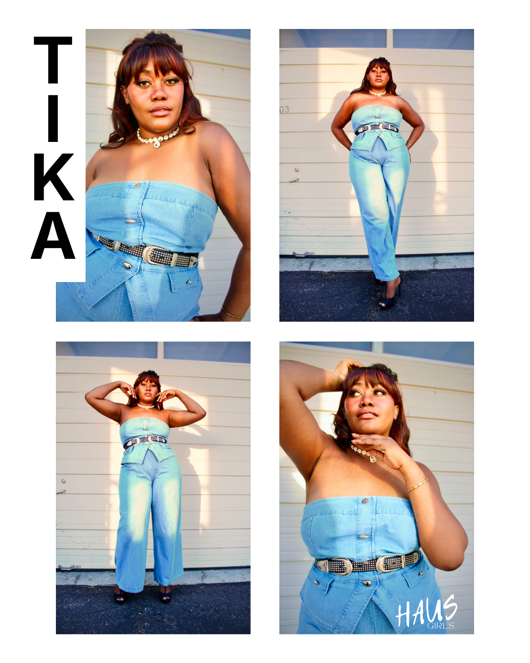 A collage of four photos of a woman with dark hair and medium skin tone wearing a denim strapless jumpsuit with a belt, accessorized with a pearl necklace and high heels, standing in front of a light-colored garage door, with the text 'TIKA' and 'HAU