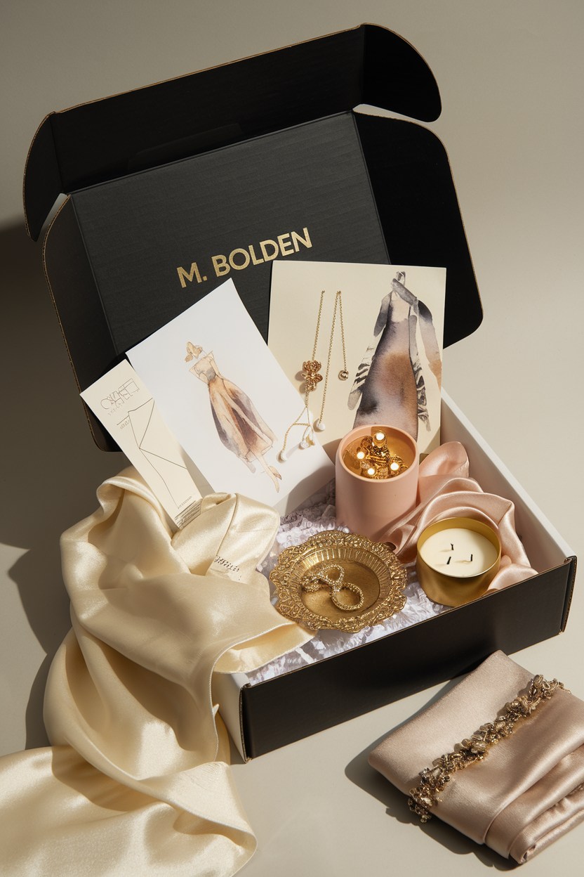 A gift box containing jewelry, candles, fabric, and fashion illustrations. The box is black with gold lettering and is open to reveal its contents.