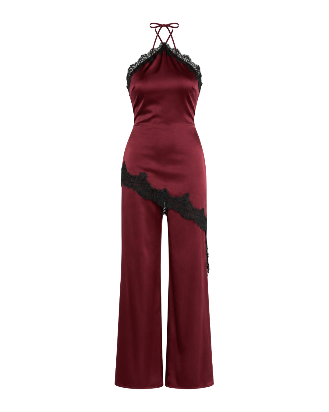 The Sloane Satin Lace Jumpsuit in Wine