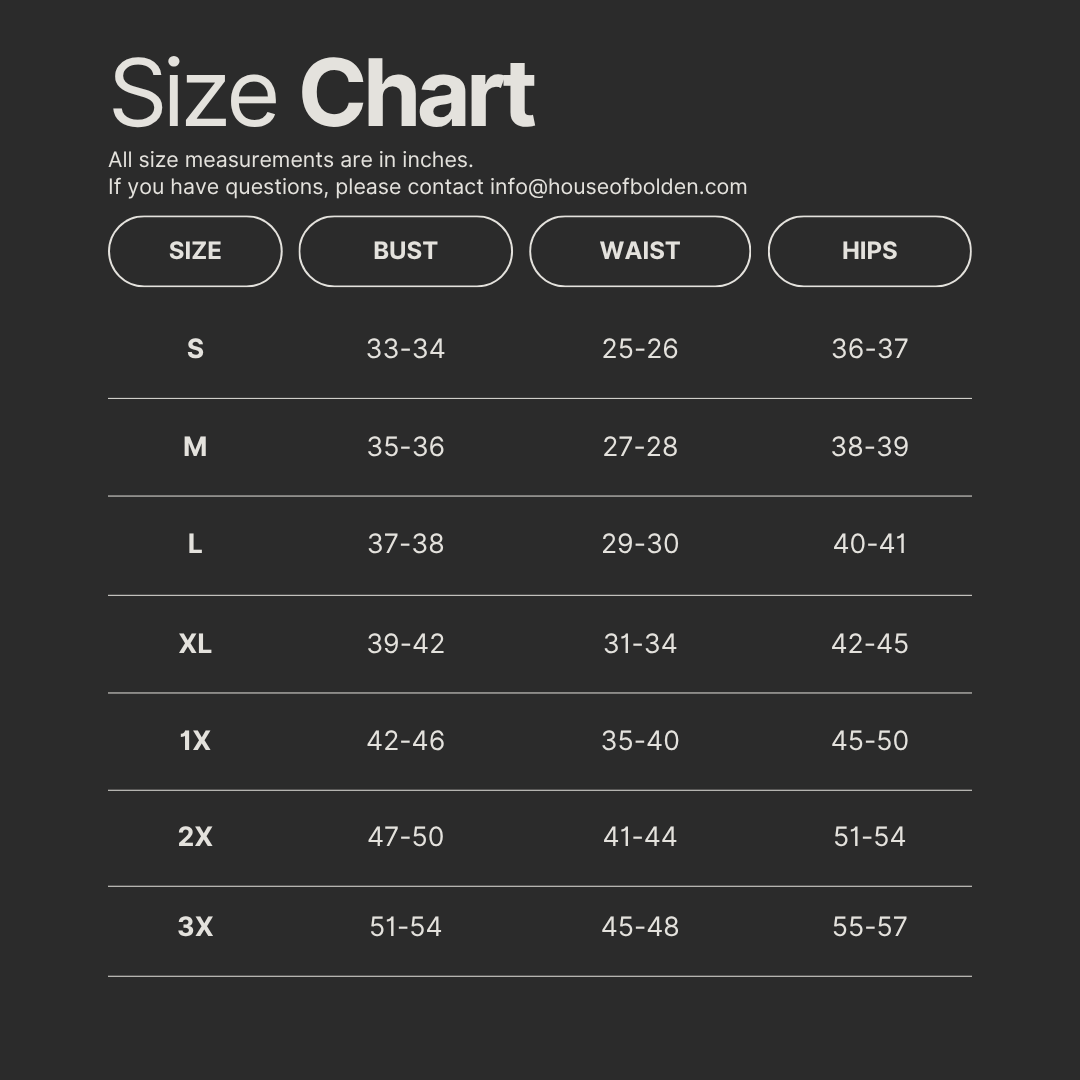 Size chart showing measurements in inches for different clothing sizes, including bust, waist, and hips, with sizes ranging from small to 3X.