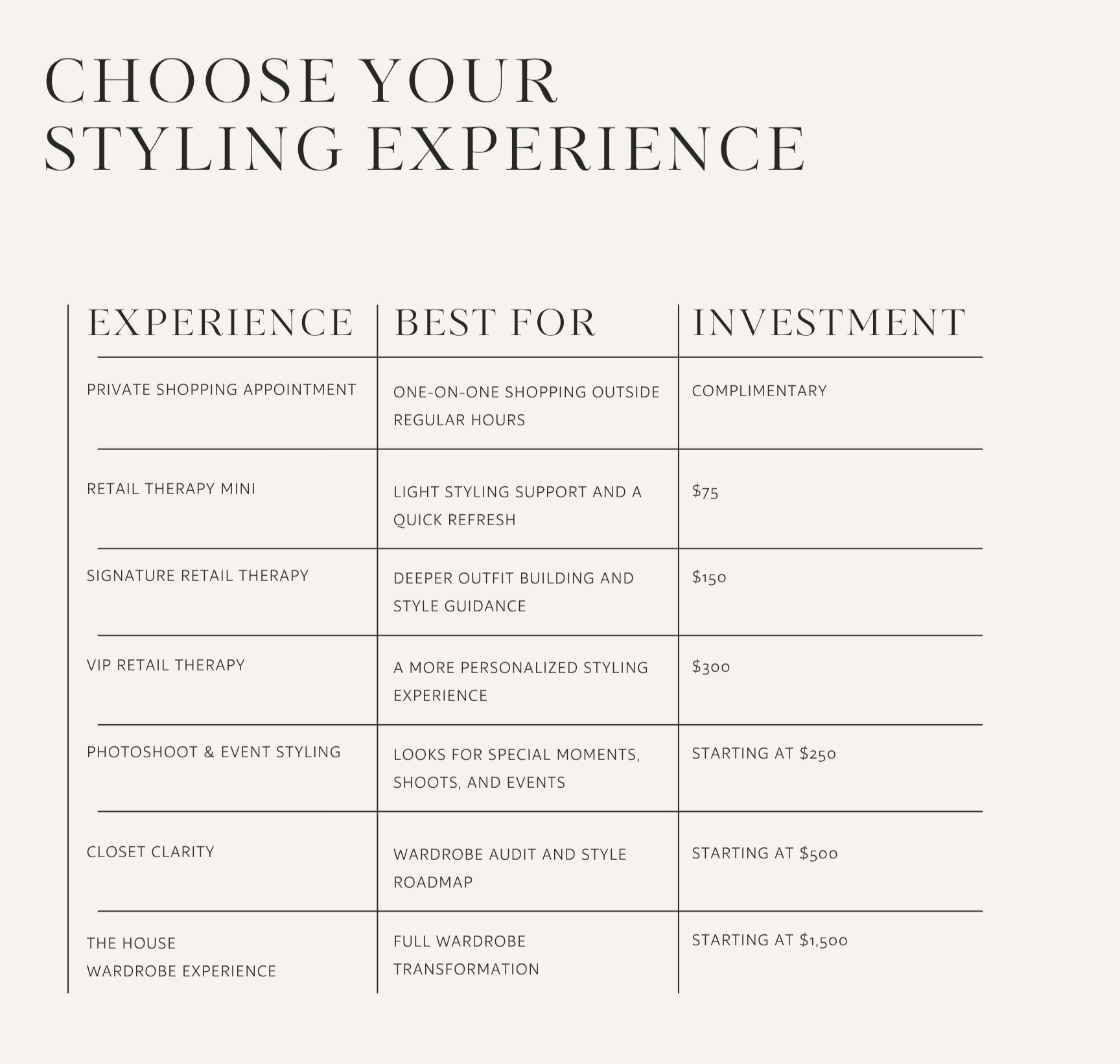 A stylist service price list featuring various styling experiences, their descriptions, and starting prices, organized in a table format.
