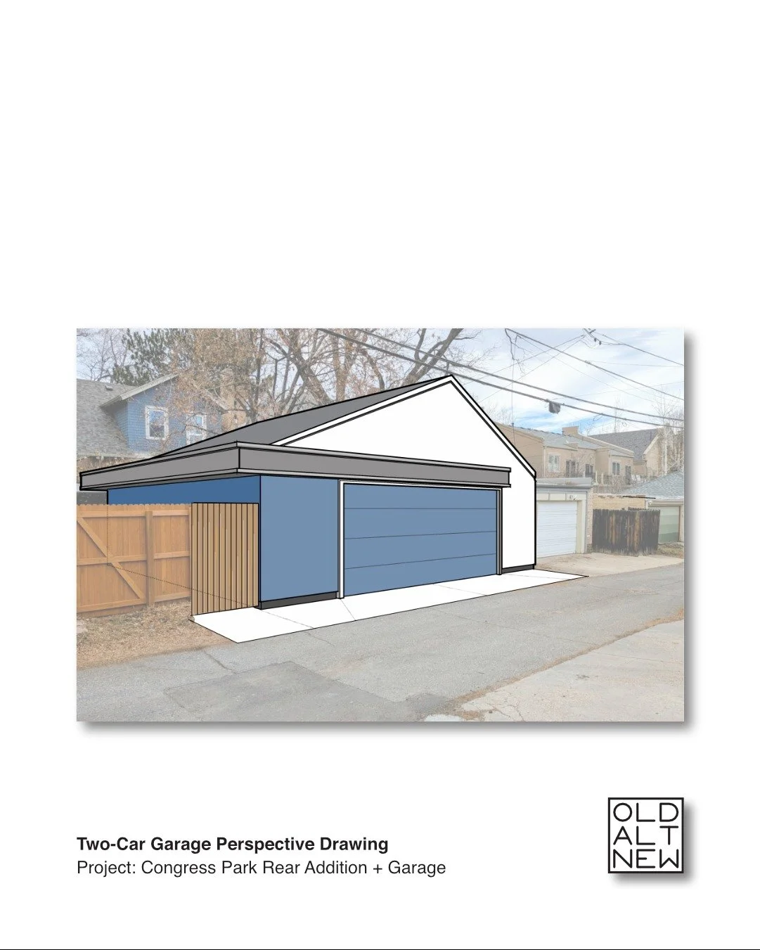 A perspective sketch of the full-sized two-car garage option.