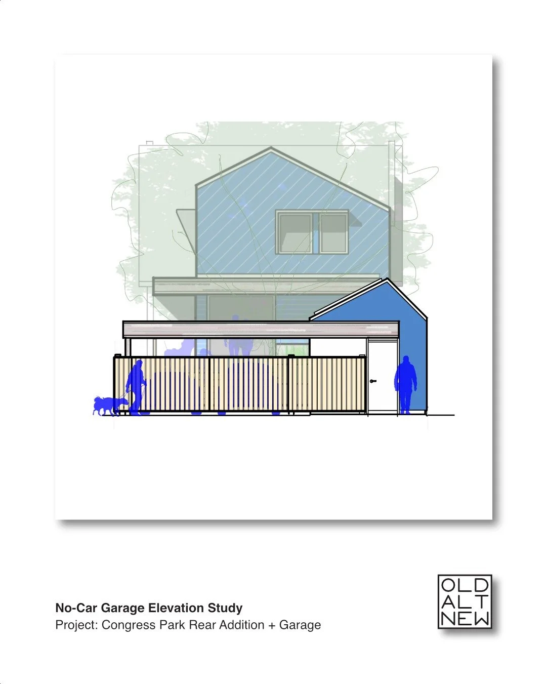 This is an elevation and section study of a "no-car garage" - essentially, a well-appointed pass-through storage shed with an attached covered carport. A sliding and nesting security gate makes this scheme possible while still providing the