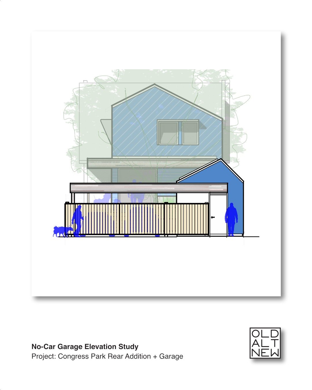 This is an elevation and section study of a "no-car garage" - essentially, a well-appointed pass-through storage shed with an attached covered carport. A sliding and nesting security gate makes this scheme possible while still providing the