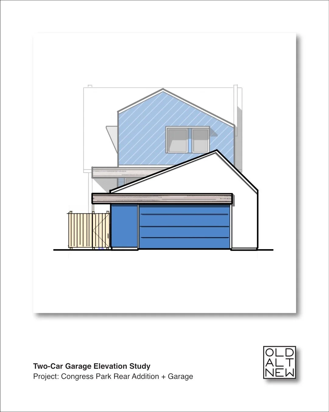 These drawings were created to help assess the mass and scale of a full-sized two-car garage. A two-car garage would solve the owners' security and storage needs, but it would also remove the backyard&rsquo;s shade tree and exceed the site&rsquo;s al