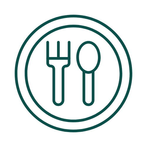 Icon of a fork and spoon inside a circle, representing food or dining.