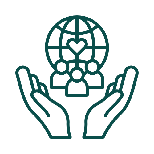 Outline of two hands holding a globe with a heart and group of people underneath.