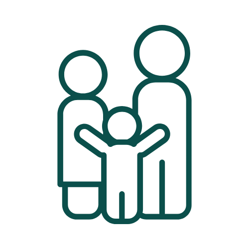 Simple line drawing of a family with two adults and one child, all holding hands