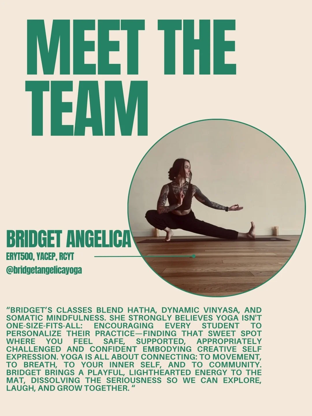 Friends, meet Bridget!✨

Bridget is a ERYT500, YACEP, RCTY bringing years of experience &amp; training to her classes. Her lighthearted &amp; playful energy allows students to find awareness in their body &amp; encourages each student to embody their