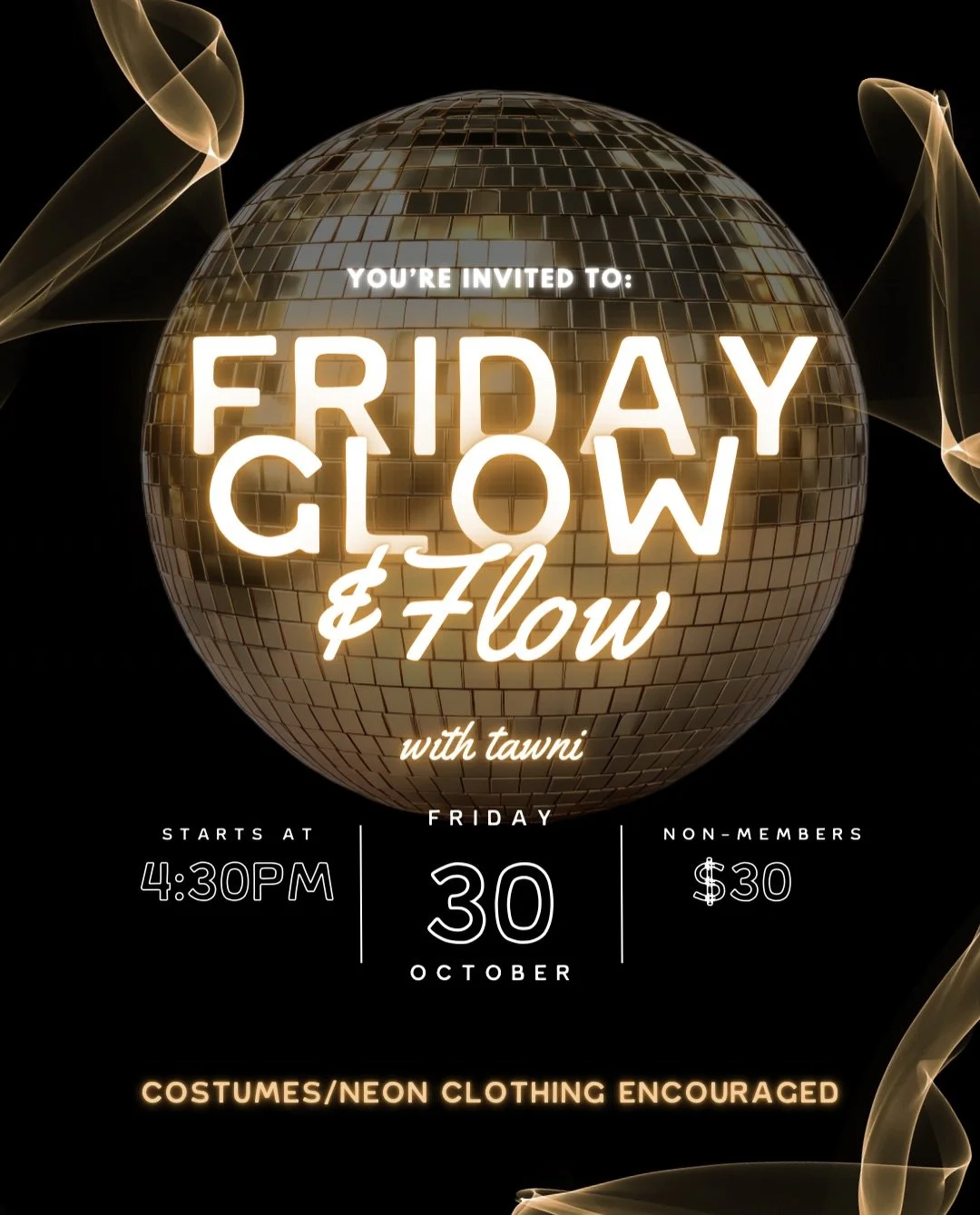 🎃Join @tawnilesteryoga for this spook-tacular Friday Glow &amp; Flow! 

This 75 min flow &amp; restore class will be under black lights &amp; set to a playful playlist. Together we will have moments of dynamic movement, space for intentional breath 