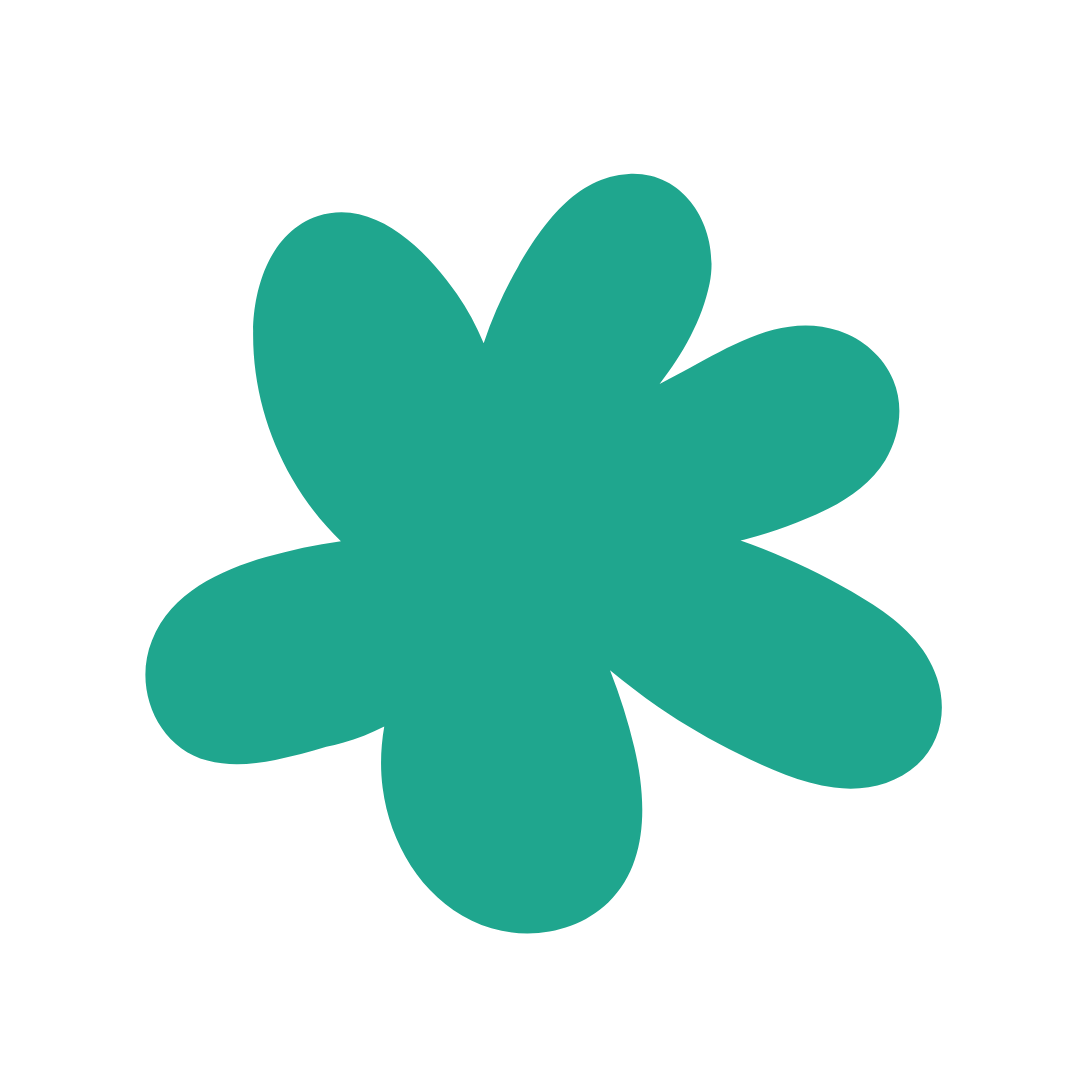 A teal, abstract flower-like shape with six rounded petals on a black background.