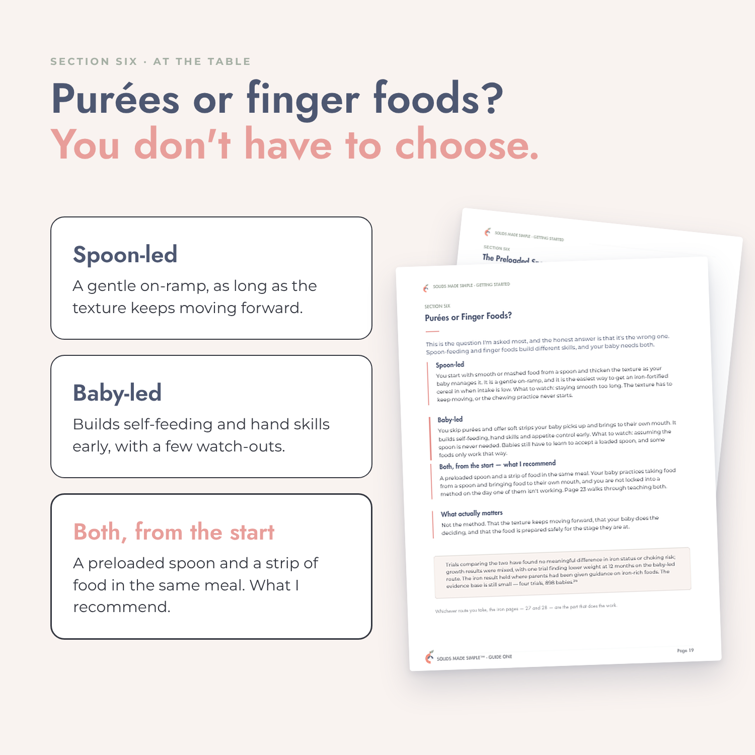 Guide pages comparing spoon-led and baby-led feeding, explaining why babies can do both from the start