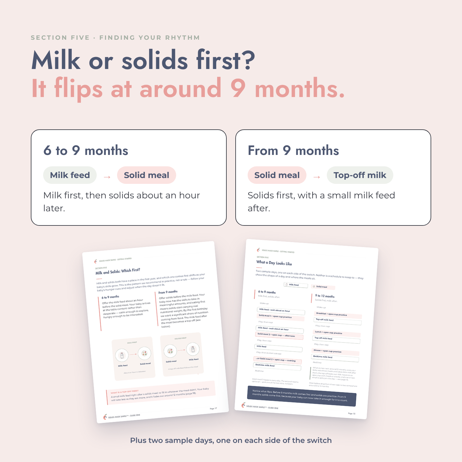 Guide pages showing when to offer milk or solids first, with sample feeding days for 6 to 9 months and 9 to 12 months