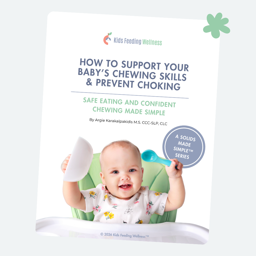 Cover of a guidebook titled 'How to Support Your Baby's Chewing Skills & Prevent Choking' with a baby sitting in a high chair holding a spoon and a plate.