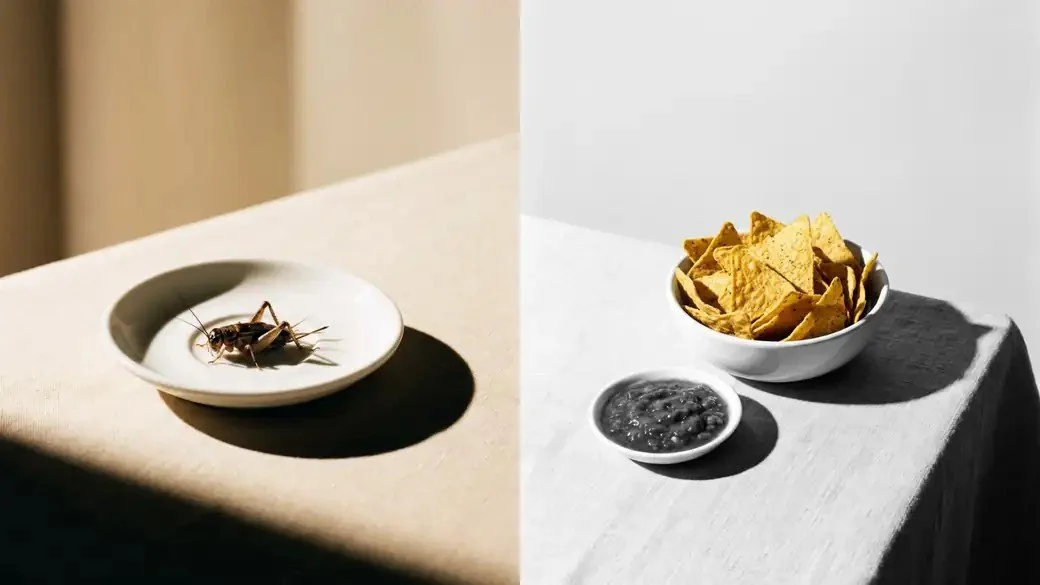 A whole cricket on a small white plate beside a bowl of tortilla chips with salsa.