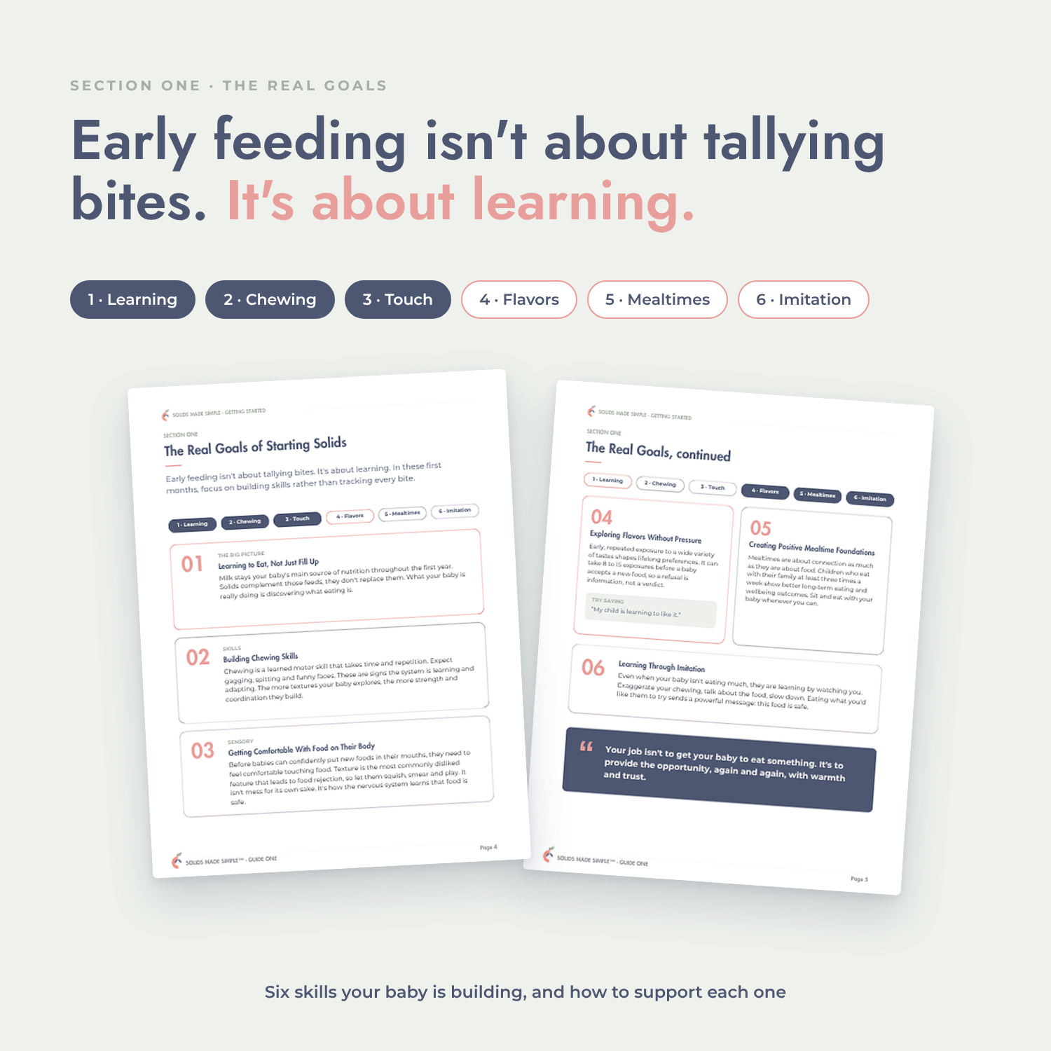 Two pages on the real goals of starting solids, covering learning, chewing, touch, flavors, mealtimes and imitation