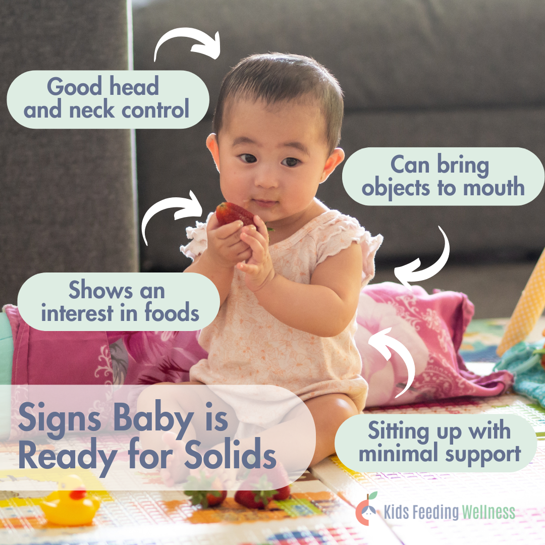 Baby showing signs of developmental readiness for solids including sitting with support, good head and neck control, bringing food to mouth, and interest in foods during transition to solids