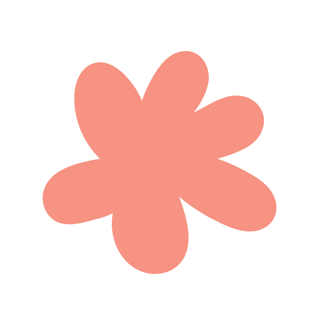 A pink, stylized flower with six rounded petals on a black background.