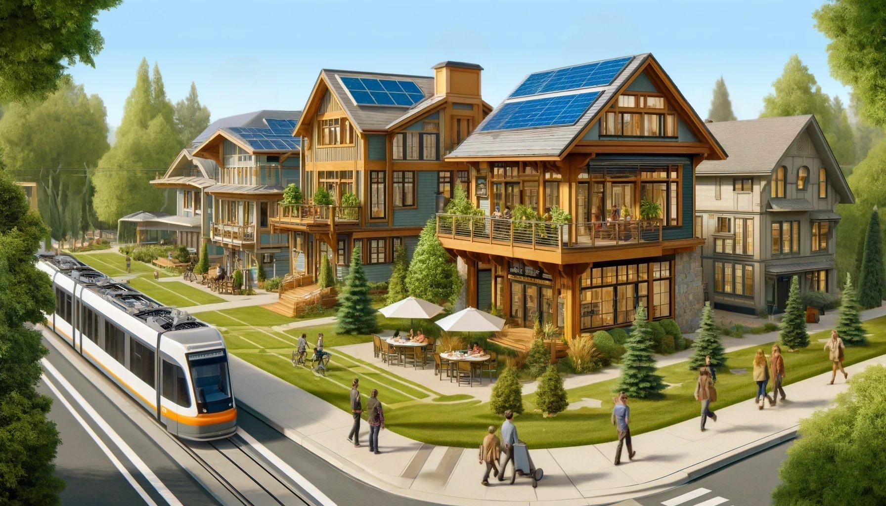 DALL·E 2024-04-18 13.43.36 - Modify the futuristic Craftsman-style neighborhood by adding solar panels to the roof of a house previously without them, while preserving the rest of.jpeg