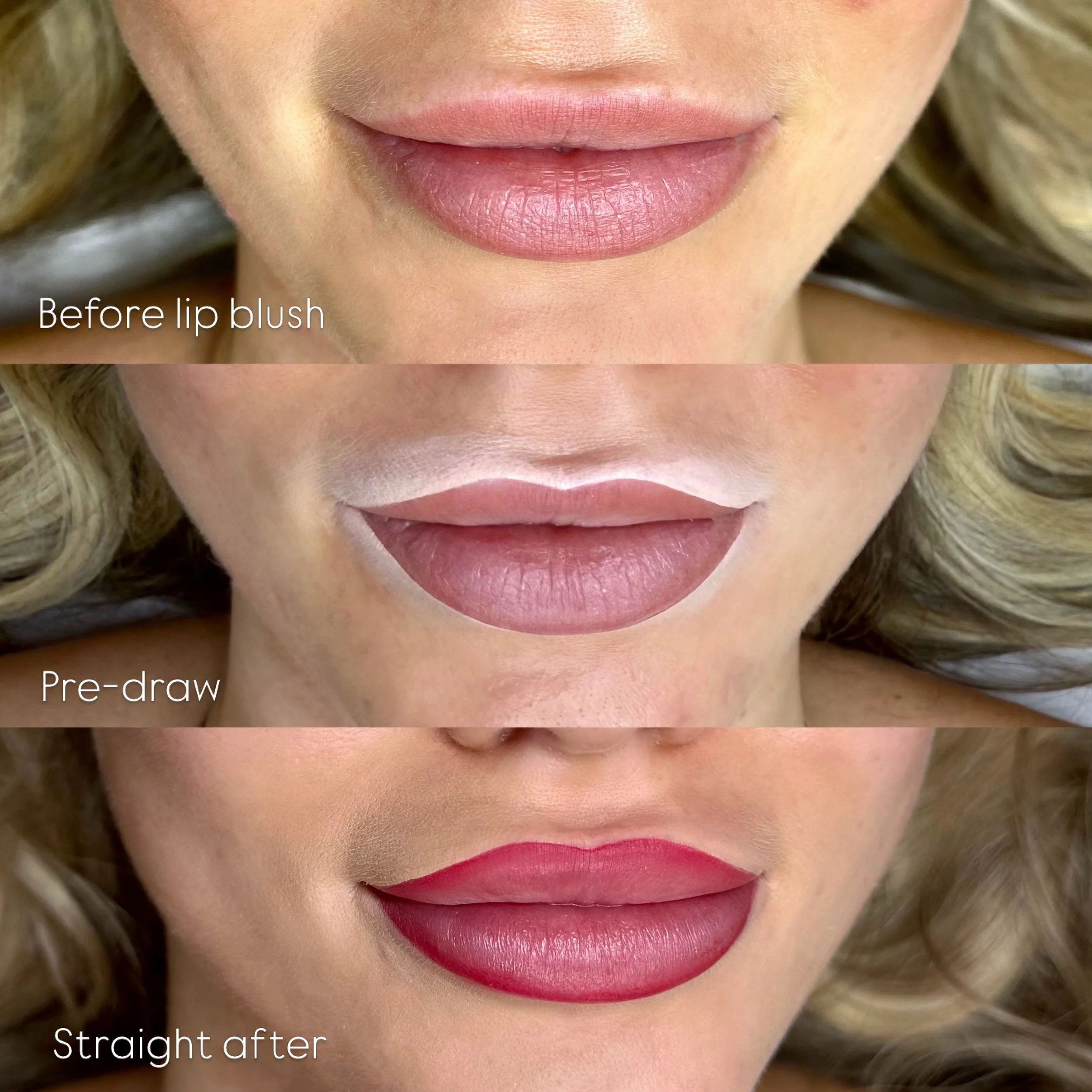 Close-up of a woman's lips showing the before, during, and after stages of applying lipstick, with the bottom image showing the final result of bright red lipstick.
