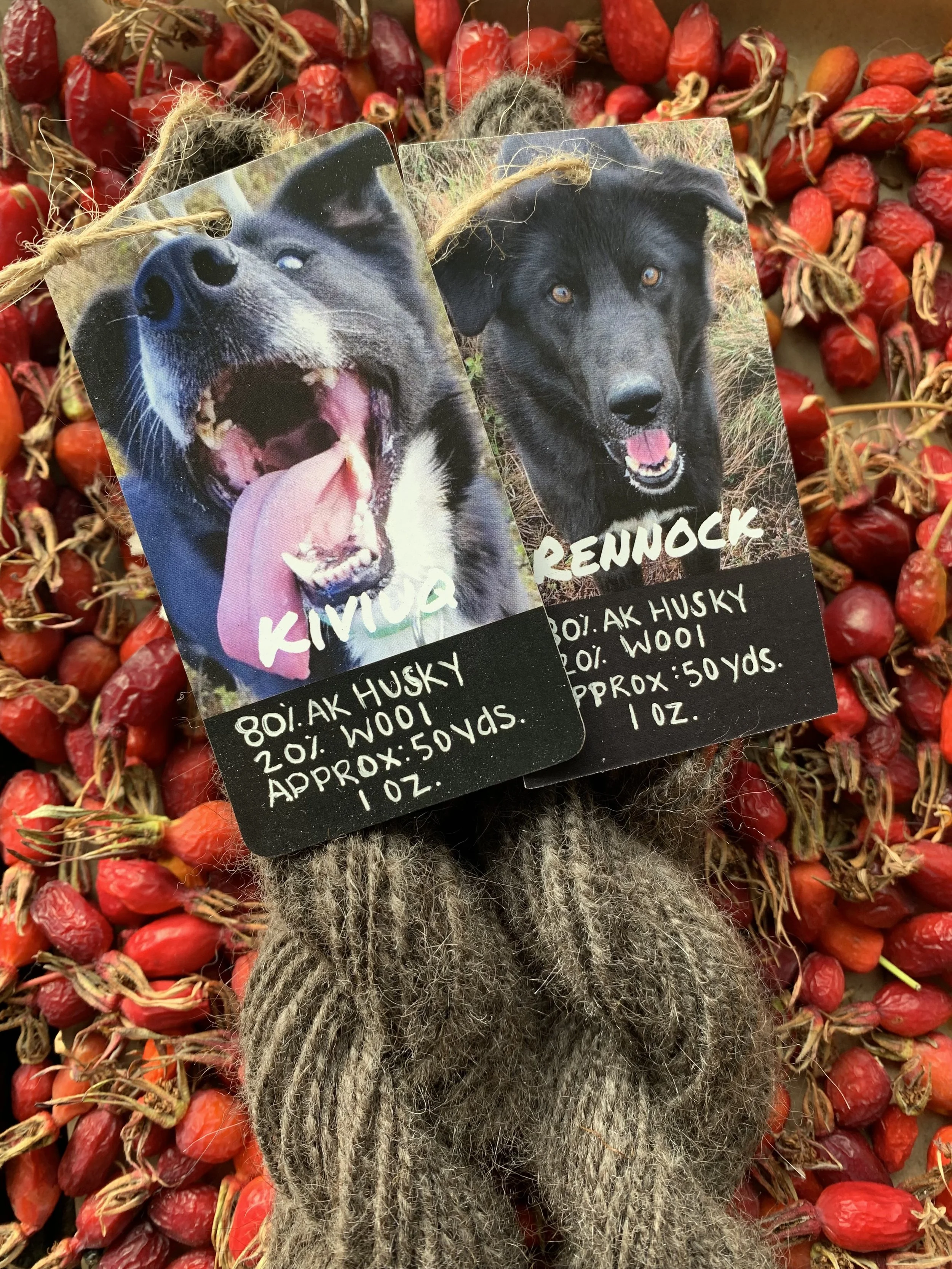 two hand spun Alaskan Husky yarn skeins with a tag tied to the skein with the faces of each dog. One is goofy with his tongue sticking out and the other is more serious with sweet eyes and floppy ears.