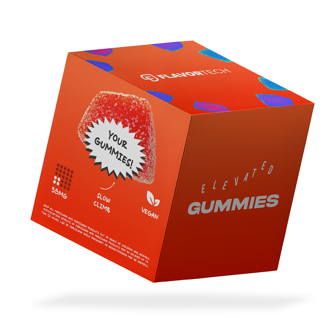 FlavorTech Elevated Gummies packaging, red box, 35mg, vegan, slow climb.