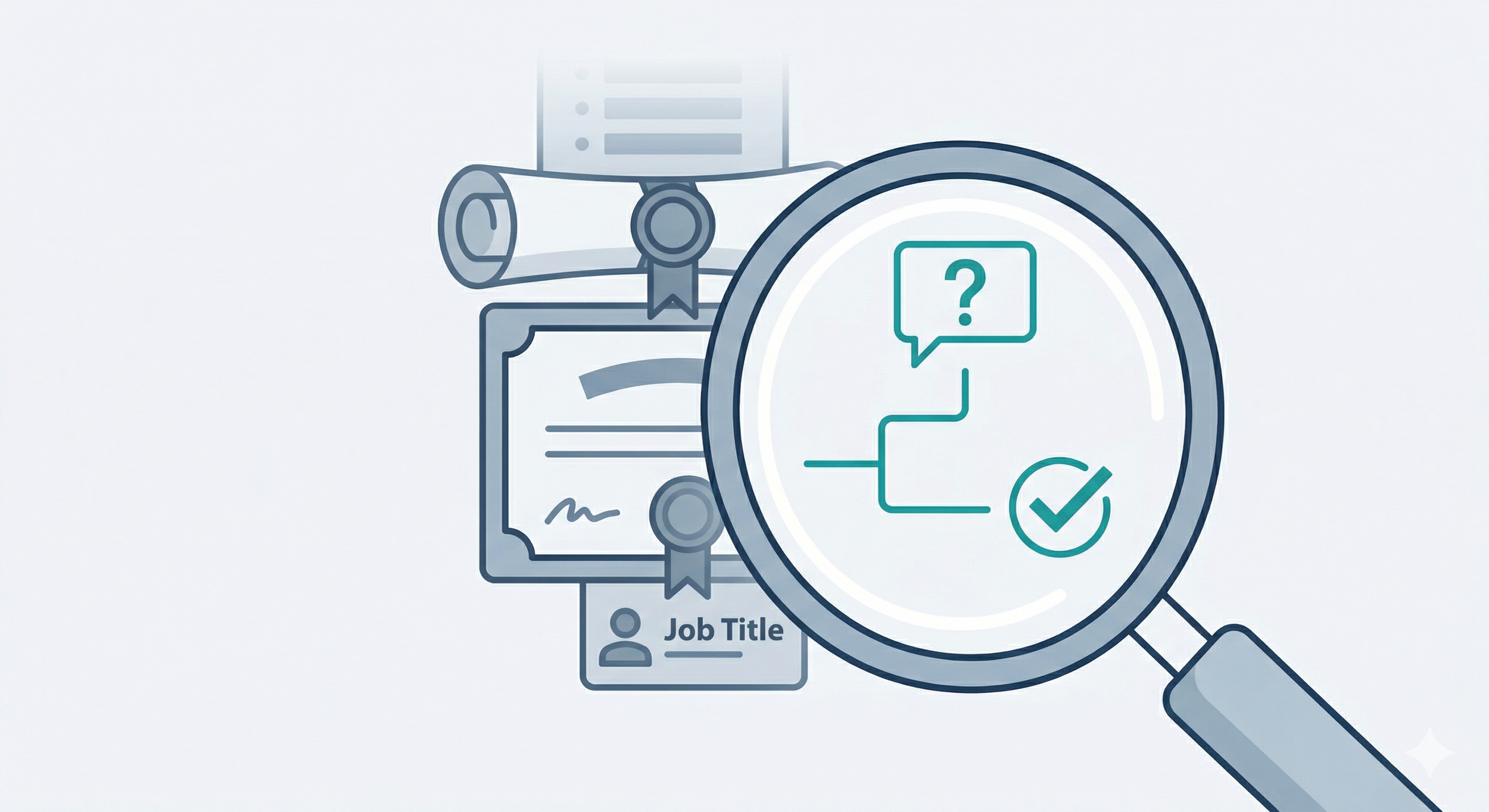 Minimalist vector illustration of blurred credentials on the left and a stack of diplomas.