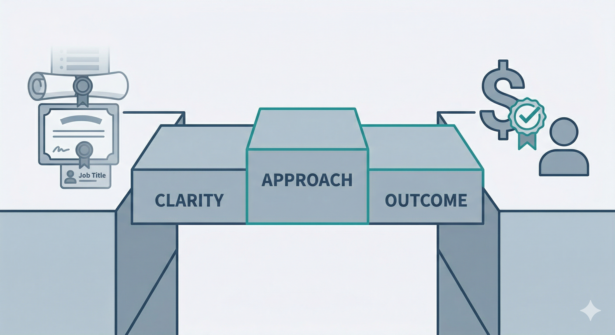 Minimalist vector illustration of a sturdy bridge with steps labeled 'CLARITY,' 'APPROACH,' and 'OUTCOME,' connecting a left platform with blurred credentials to a right platform with clear symbols of market value and client satisfaction.
