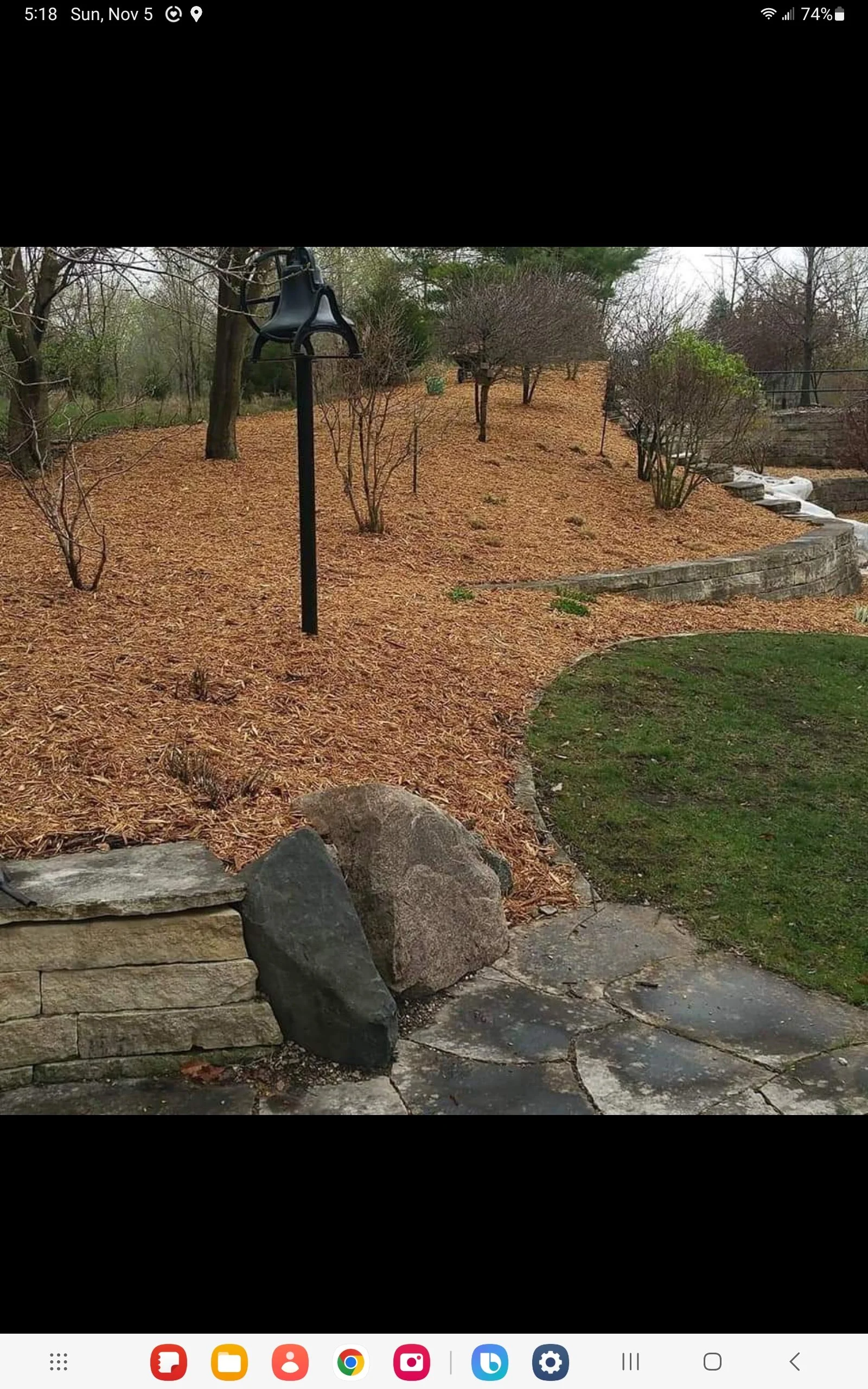 landscaped garden with mulch and stone pathway